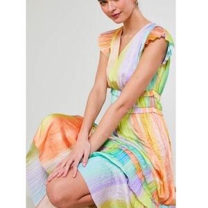 Current Air Rainbow Pleated V-Neck Midi Dress